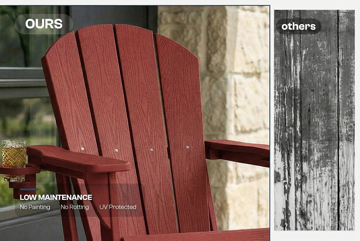 Red Adirondack chair with 'OURS' text and a comparison of wood texture labeled 'others'.