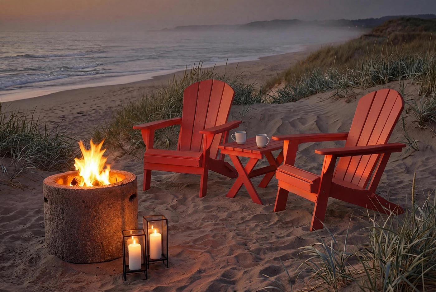 Red Adirondack chairs around a fire pit on a sandy beach at dusk.