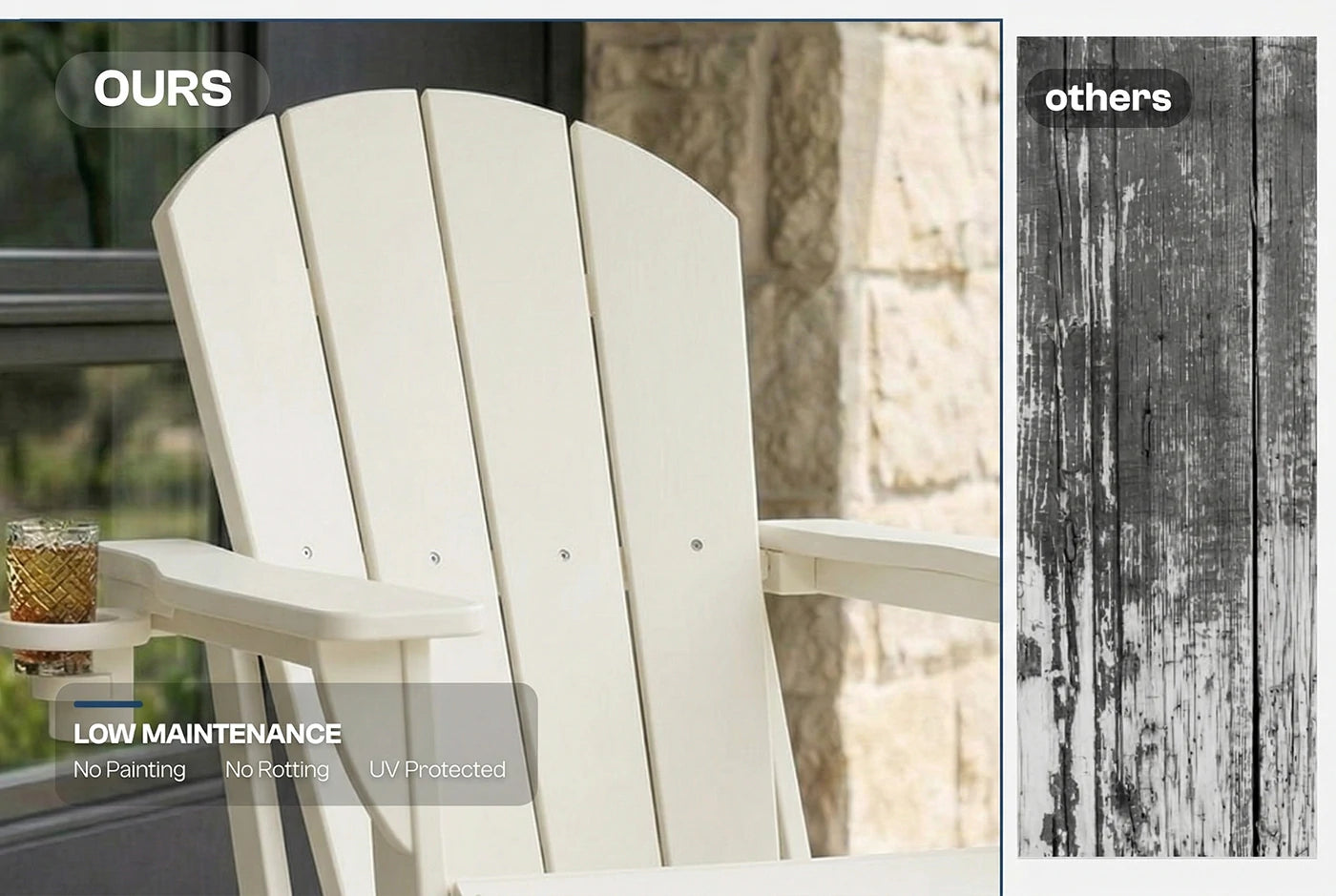White chair with a glass of iced tea on a wooden deck, labeled 'Ours' for low maintenance.