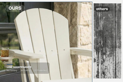 White chair with a glass of iced tea on a wooden deck, labeled 'Ours' for low maintenance.