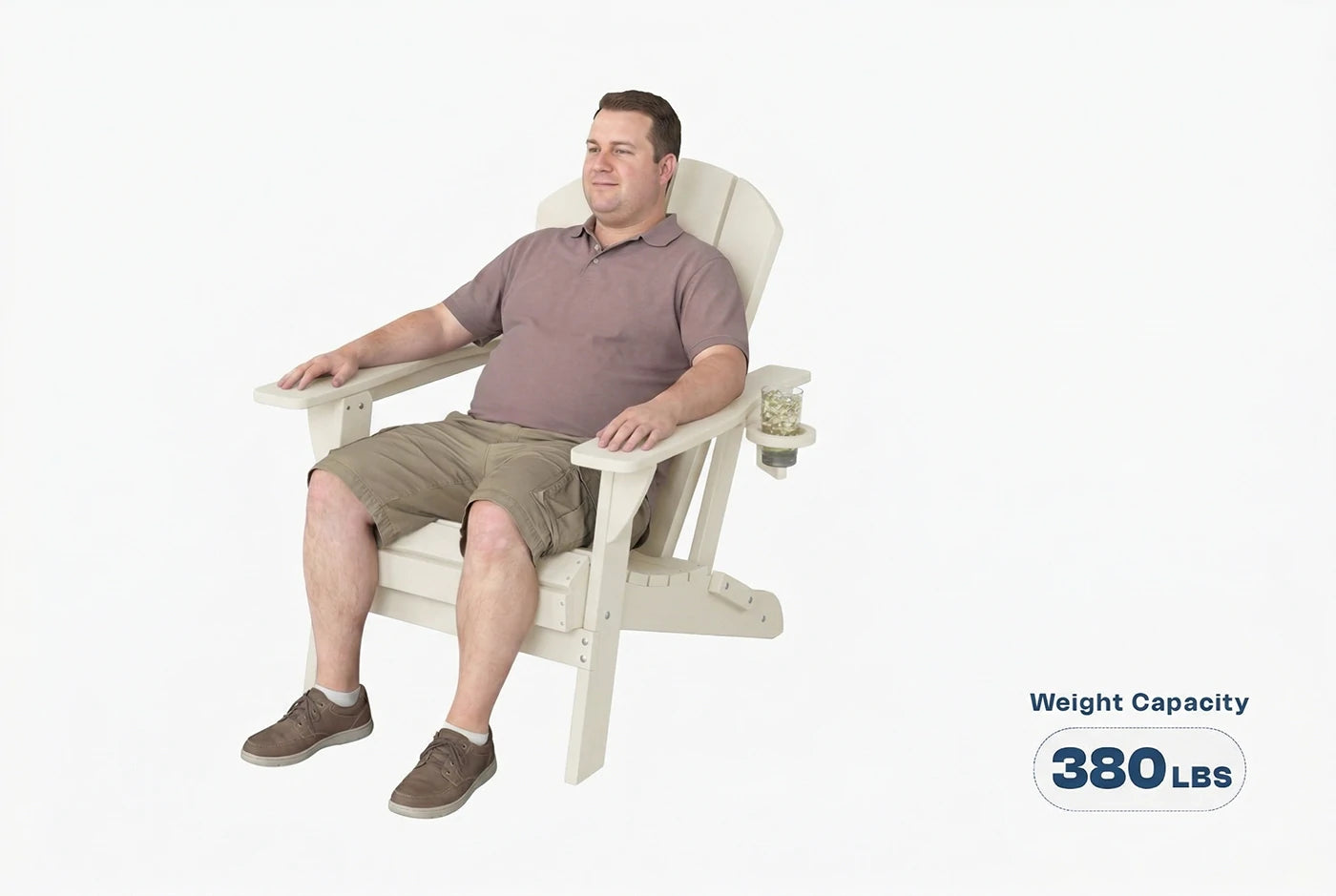 Man sitting on a white chair with a weight capacity label on a white background