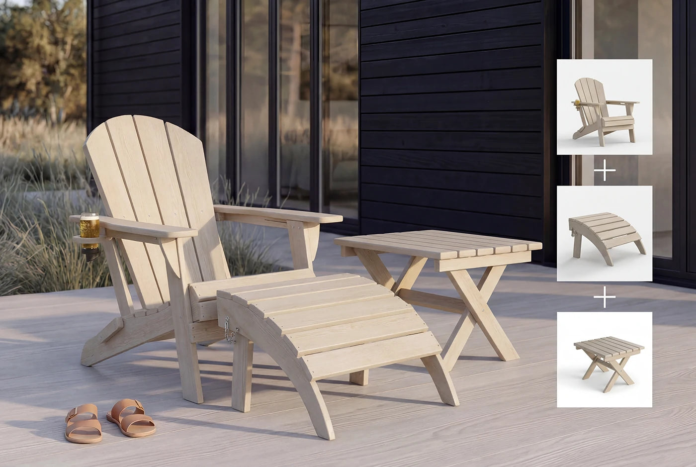 HDPE Adirondack chair with ottoman and small table on a deck.