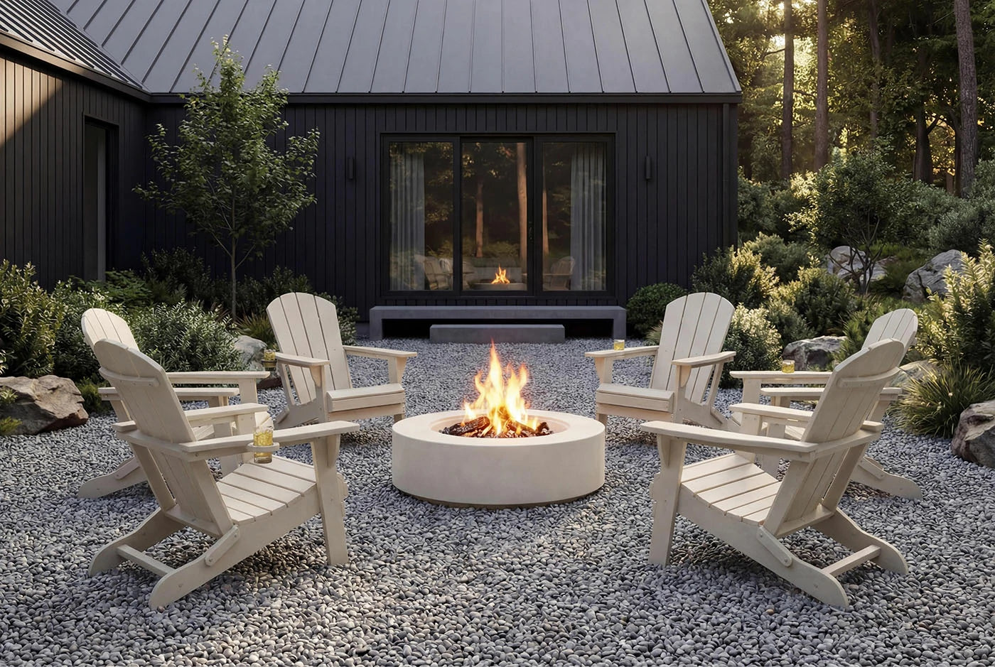 Outdoor setting with Adirondack chairs around a fire pit in front of a cabin.