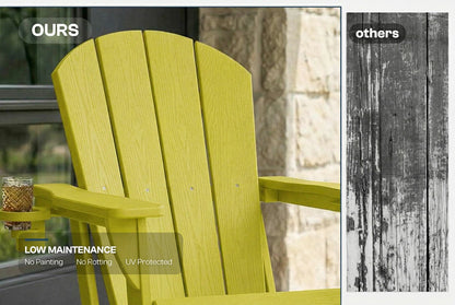 Yellow Adirondack chair with text indicating 'Ours' and 'Low Maintenance' features, next to a comparison of 'Others' wood finish.