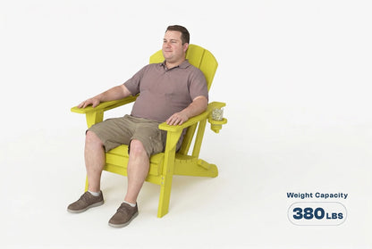 Man sitting on a green chair with a weight capacity label on a white background