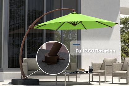A large outdoor cantilever patio umbrella with an apple green canopy and brown curved frame, shown beside modern patio furniture. The image includes a circular inset highlighting the base mechanism and text reading 'Full 360 Rotation.