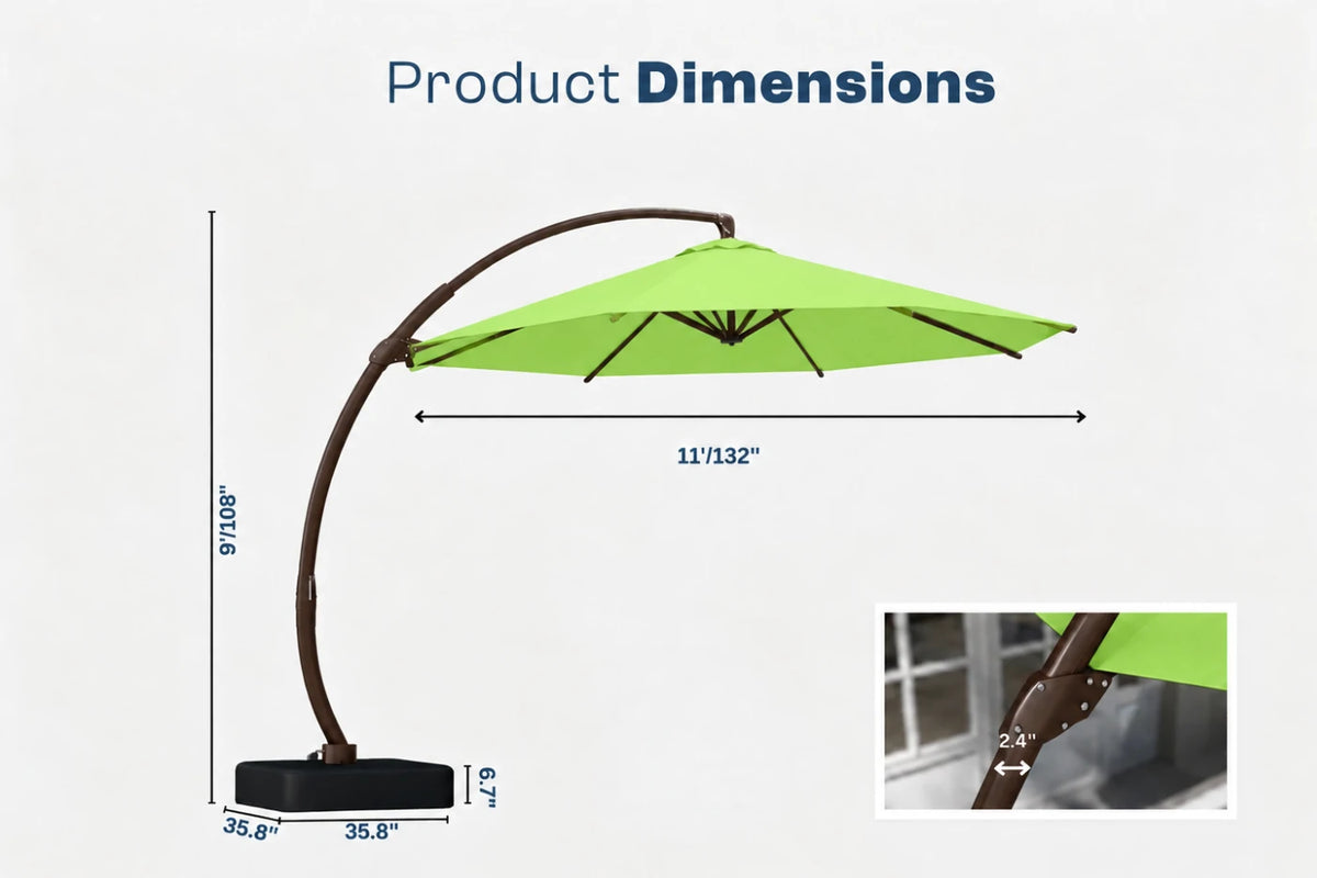 Product dimensions diagram for a cantilever patio umbrella, showing a bright green canopy, curved brown frame, and black base with labeled measurements on a light gray background.