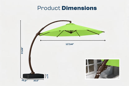 Product dimensions diagram for a curved patio umbrella with an apple green canopy, dark brown arched pole, and black base, shown on a light gray background with measurement labels and a small detail inset.