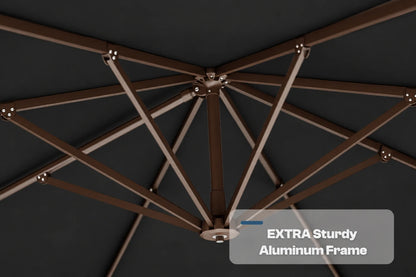 Close-up underside view of a black patio umbrella showing the dark aluminum canopy frame structure, with a text overlay that reads 'EXTRA Sturdy Aluminum Frame'.