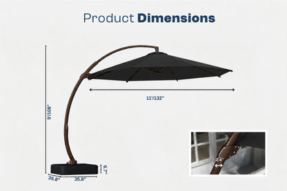 Product dimensions diagram for a cantilever patio umbrella, showing an black canopy, dark brown curved frame, and black base with labeled measurements including 11'132" width, 9'108" height, and 35.8" base diameter.