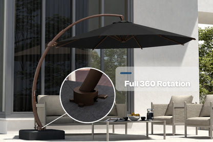 A large outdoor cantilever patio umbrella with a black canopy and brown curved frame, shown beside modern patio furniture. The image includes a circular inset highlighting the base mechanism and text reading 'Full 360 Rotation.