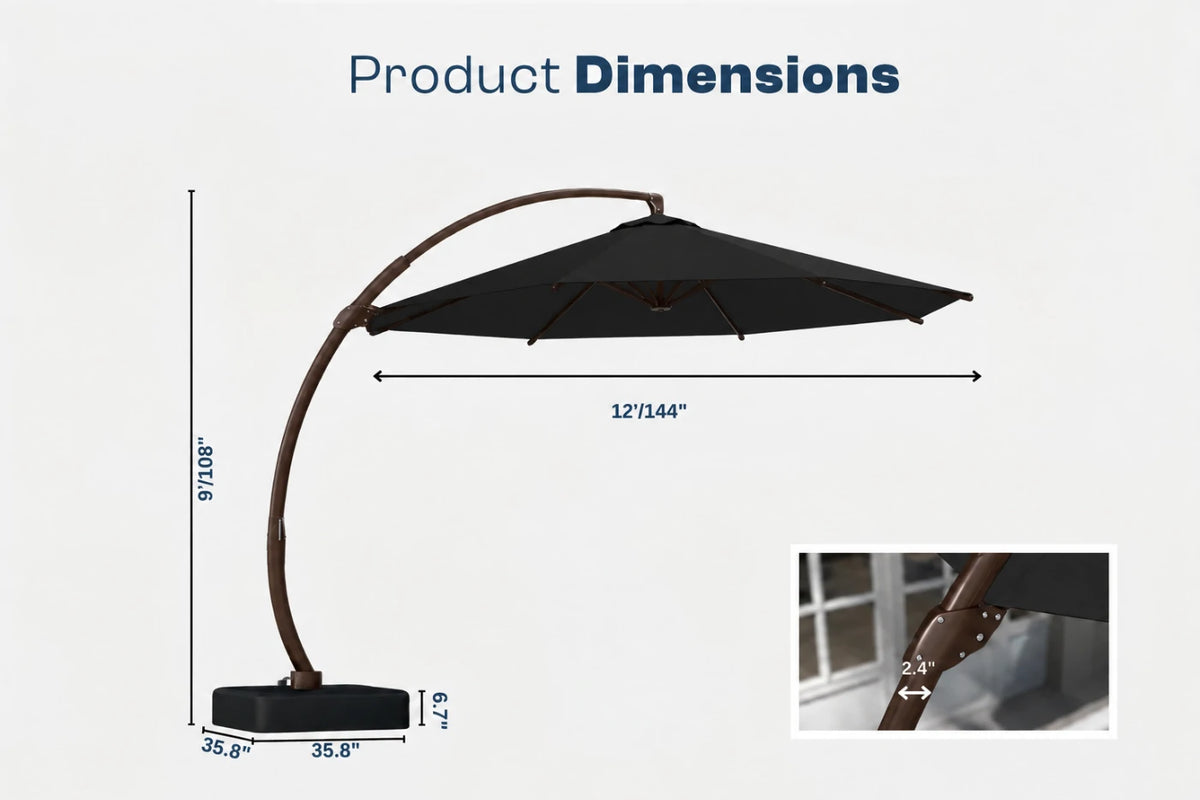 Product dimensions diagram for a black curved patio umbrella with a square base, showing height, width, and base measurements on a light gray background.