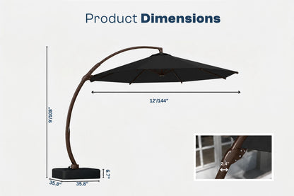 Product dimensions diagram for a black curved patio umbrella with a square base, showing height, width, and base measurements on a light gray background.