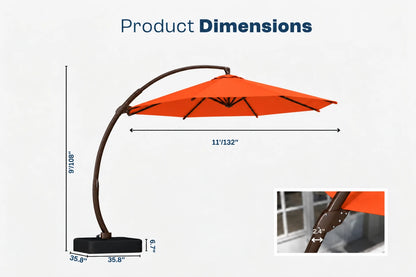 Product dimensions diagram for a cantilever patio umbrella, showing an orange canopy, dark brown curved frame, and black base with labeled measurements including 11'132" width, 9'108" height, and 35.8" base diameter.
