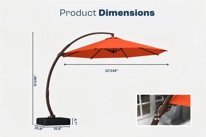 Product dimensions diagram for a curved patio umbrella with an orange canopy, dark brown arched pole, and black base, shown on a light gray background with measurement labels and a small detail inset.