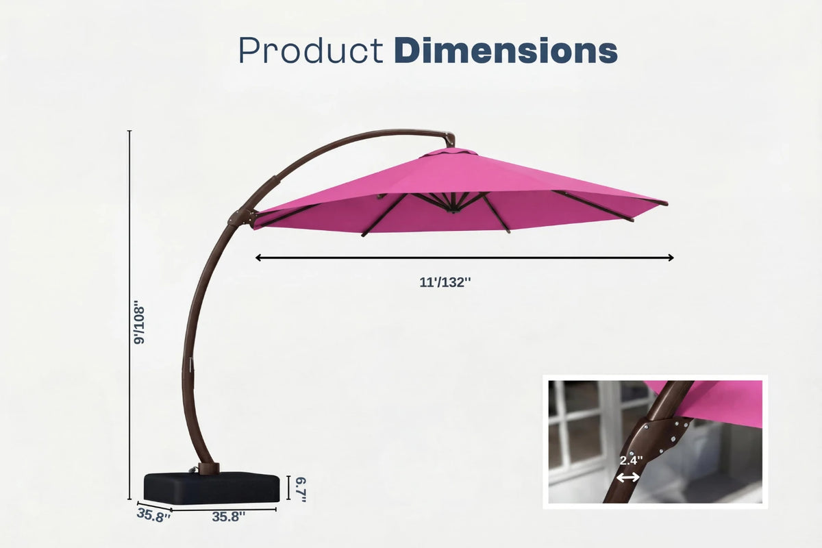 Product dimensions diagram for a cantilever patio umbrella, showing a rose pink canopy, curved brown frame, and black base with labeled measurements on a light gray background.