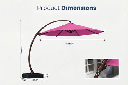 Product dimensions diagram for a cantilever patio umbrella, showing a rose pink canopy, curved brown frame, and black base with labeled measurements on a light gray background.
