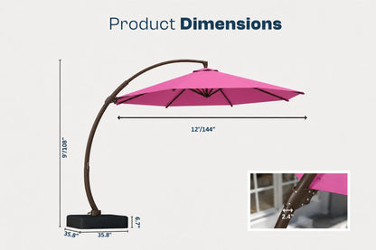 Product dimensions diagram for a curved patio umbrella with a rose pink canopy, dark brown arched pole, and black base, shown on a light gray background with measurement labels and a small detail inset.