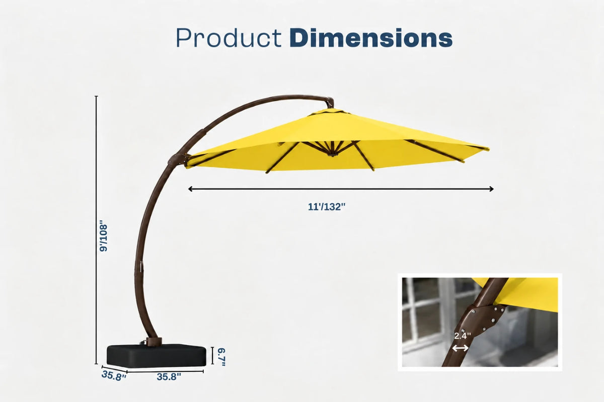 Product dimensions diagram for a cantilever patio umbrella, showing an yellow canopy, dark brown curved frame, and black base with labeled measurements including 11'132" width, 9'108" height, and 35.8" base diameter.