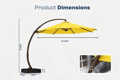 Product dimensions diagram for a cantilever patio umbrella, showing an yellow canopy, dark brown curved frame, and black base with labeled measurements including 11'132" width, 9'108" height, and 35.8" base diameter.