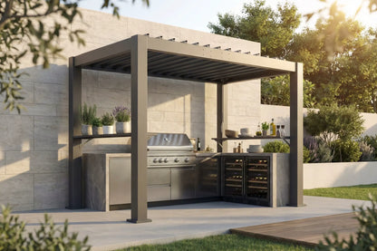 Outdoor kitchen with pergola, grill, and refrigerator in a garden setting.