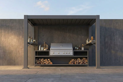 Outdoor kitchen with grill, shelves, and firewood against a concrete wall.