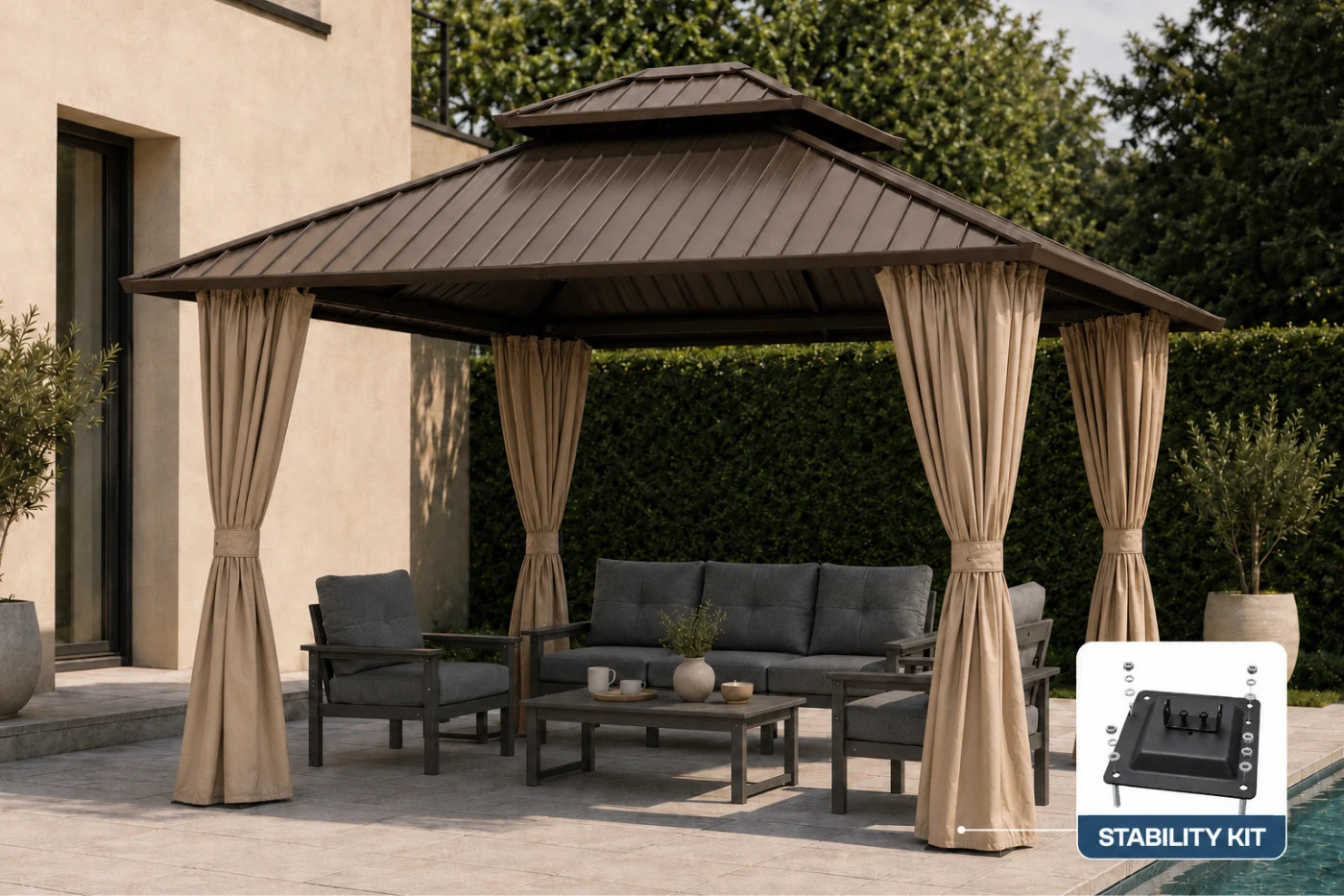 Luxor™ Hardtop Gazebo with Netting and Curtains
