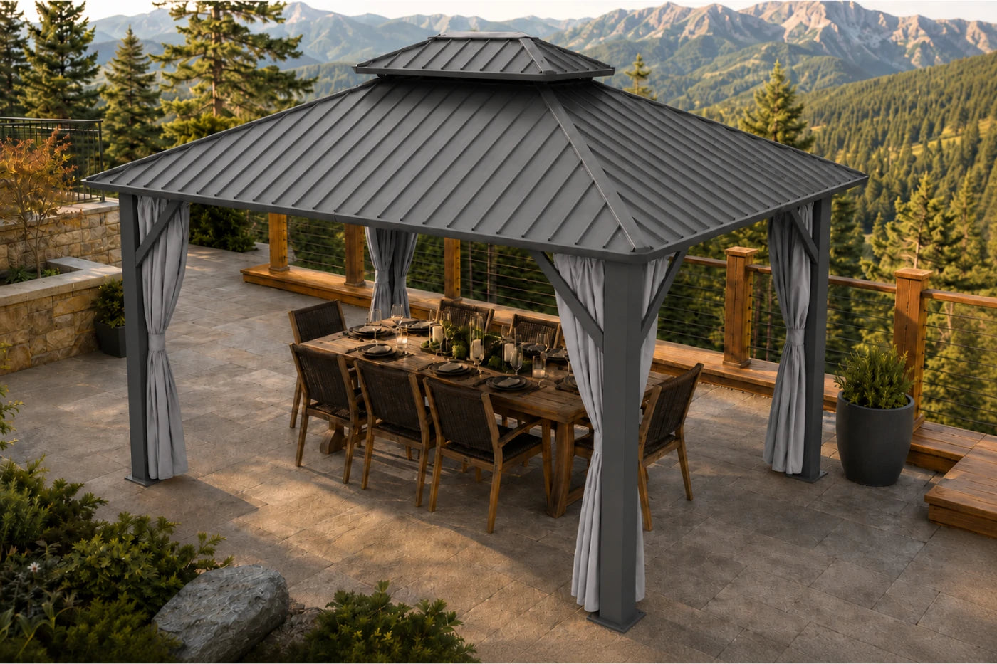 Luxor™ Hardtop Gazebo with Netting and Curtains