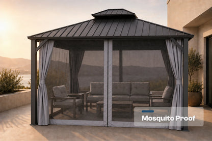Luxor™ Hardtop Gazebo with Netting and Curtains
