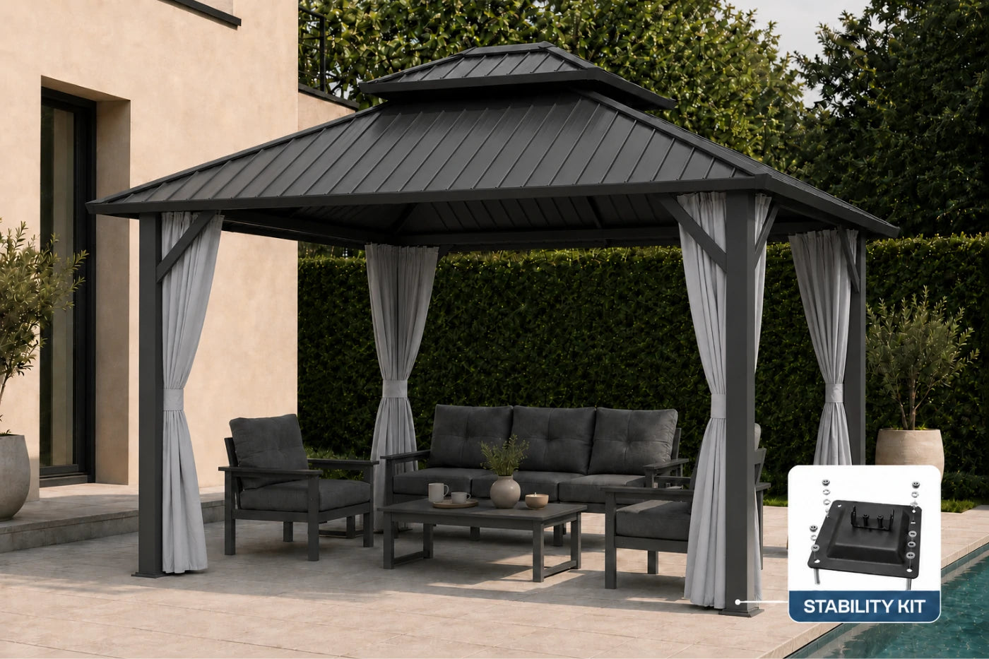 Luxor™ Hardtop Gazebo with Netting and Curtains