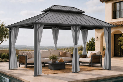 Luxor™ Hardtop Gazebo with Netting and Curtains