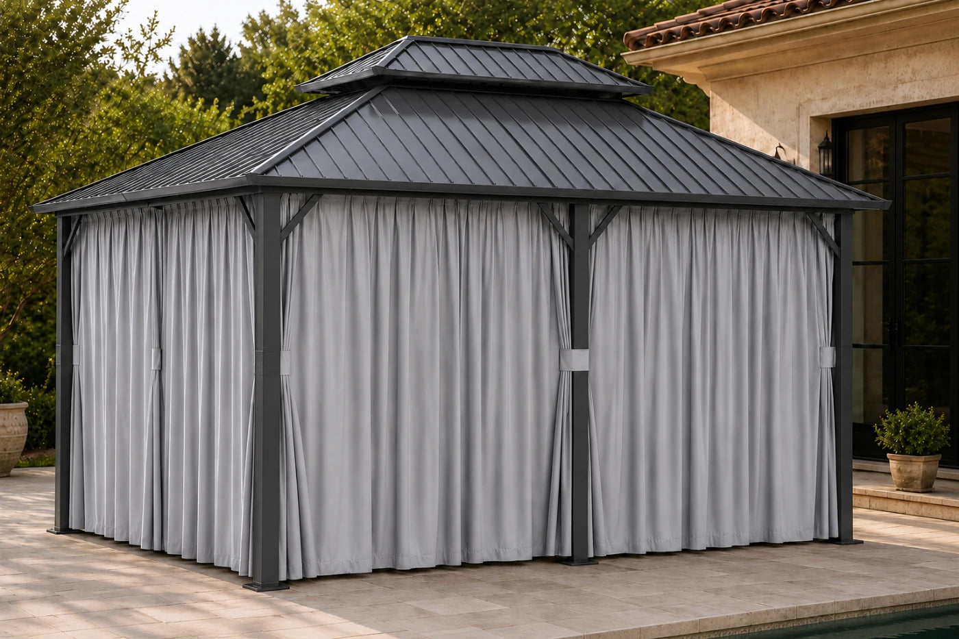 Luxor™ Hardtop Gazebo with Netting and Curtains