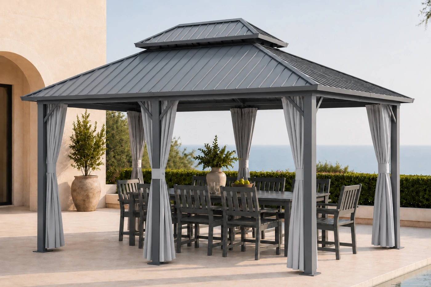 Luxor™ Hardtop Gazebo with Netting and Curtains