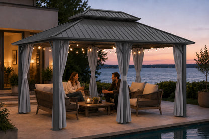 Luxor™ Hardtop Gazebo with Netting and Curtains
