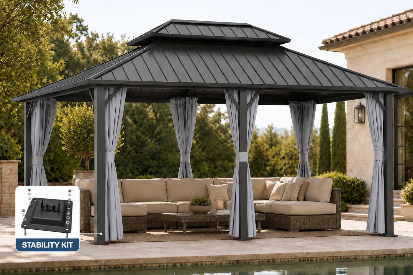 Luxor™ Hardtop Gazebo with Netting and Curtains