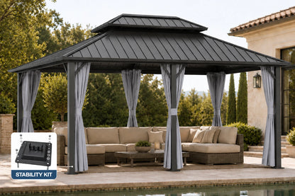 Luxor™ Hardtop Gazebo with Netting and Curtains
