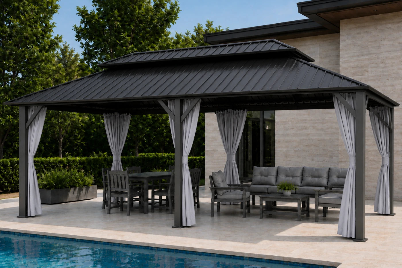 Luxor™ Hardtop Gazebo with Netting and Curtains