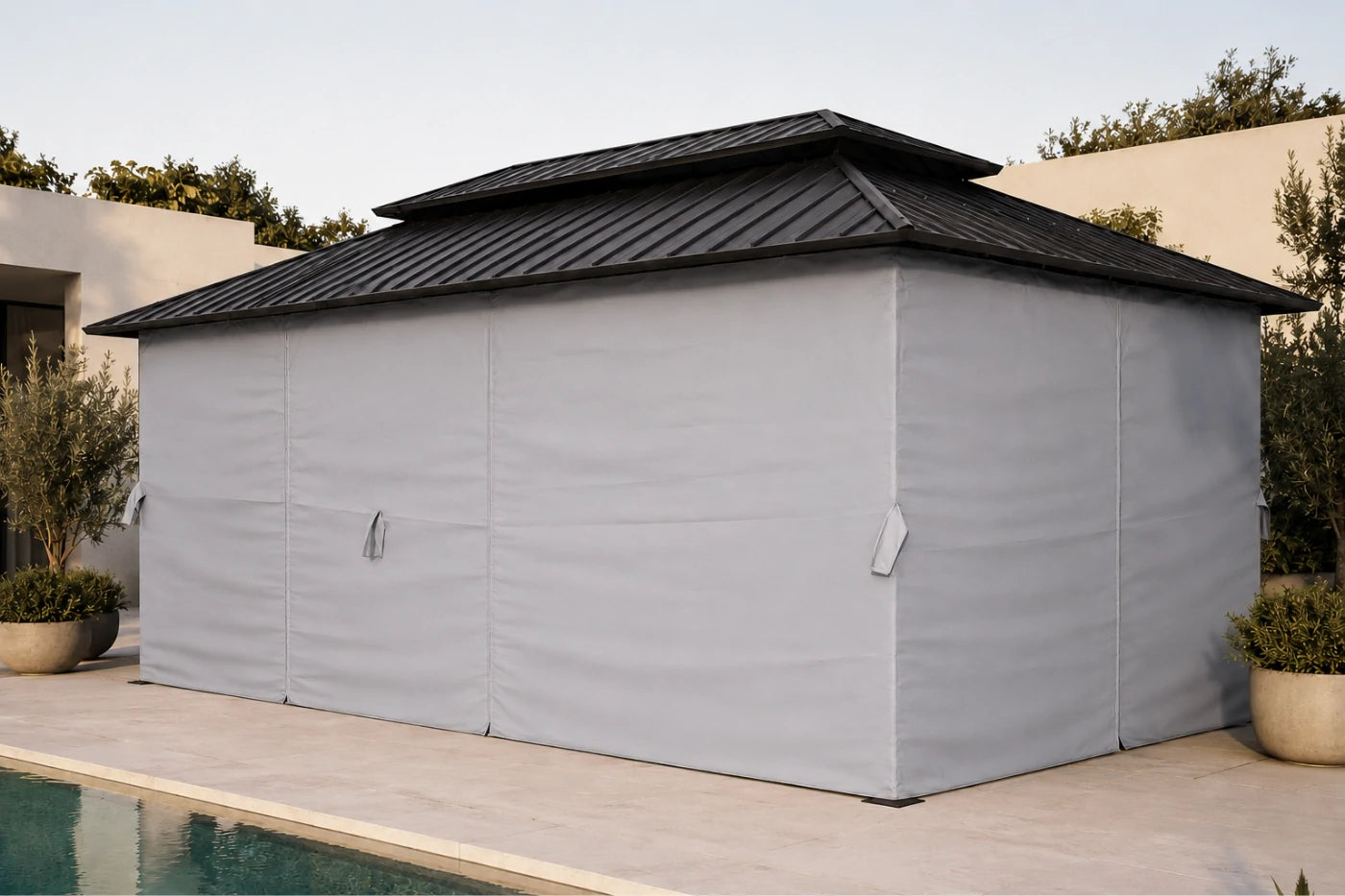 Luxor™ Hardtop Gazebo with Netting and Curtains