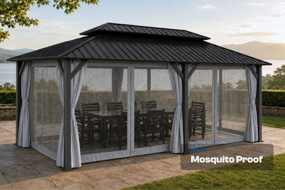Luxor™ Hardtop Gazebo with Netting and Curtains