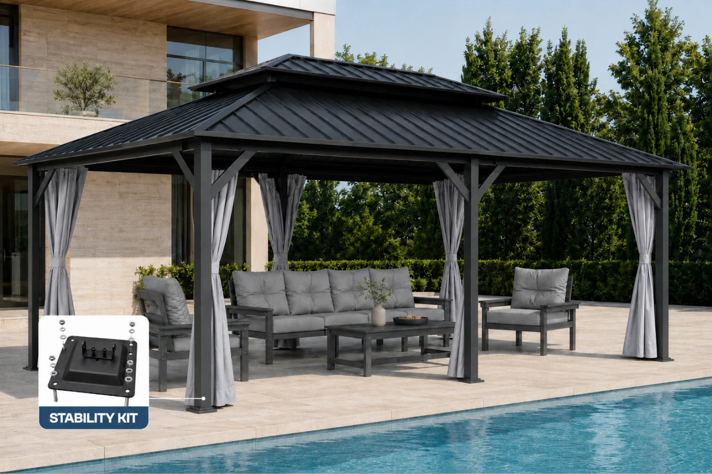 Luxor™ Hardtop Gazebo with Netting and Curtains