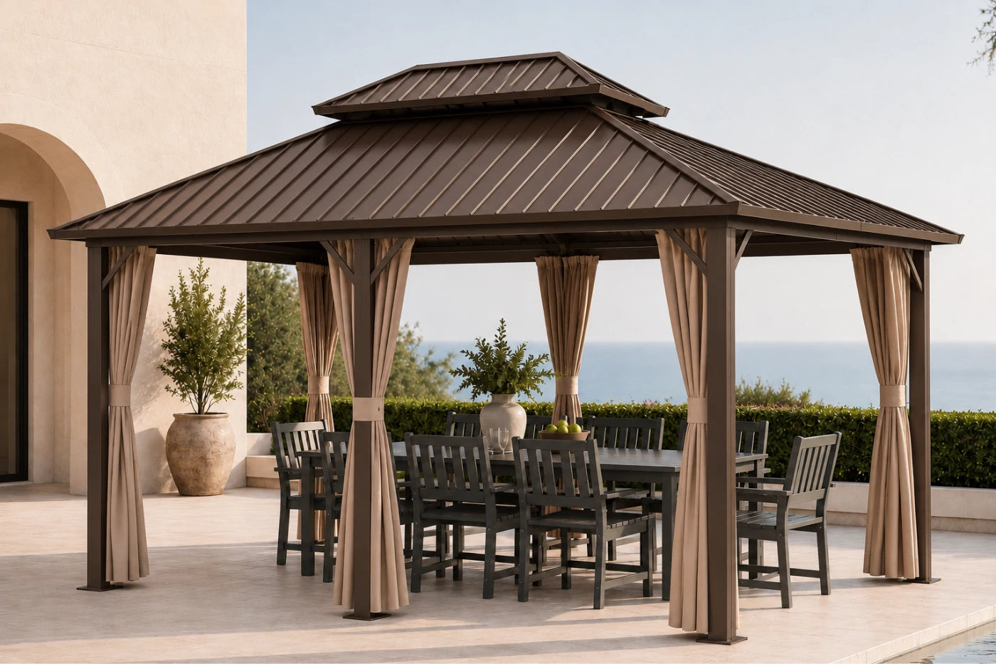 Luxor™ Hardtop Gazebo with Netting and Curtains