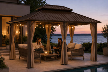 Luxor™ Hardtop Gazebo with Netting and Curtains
