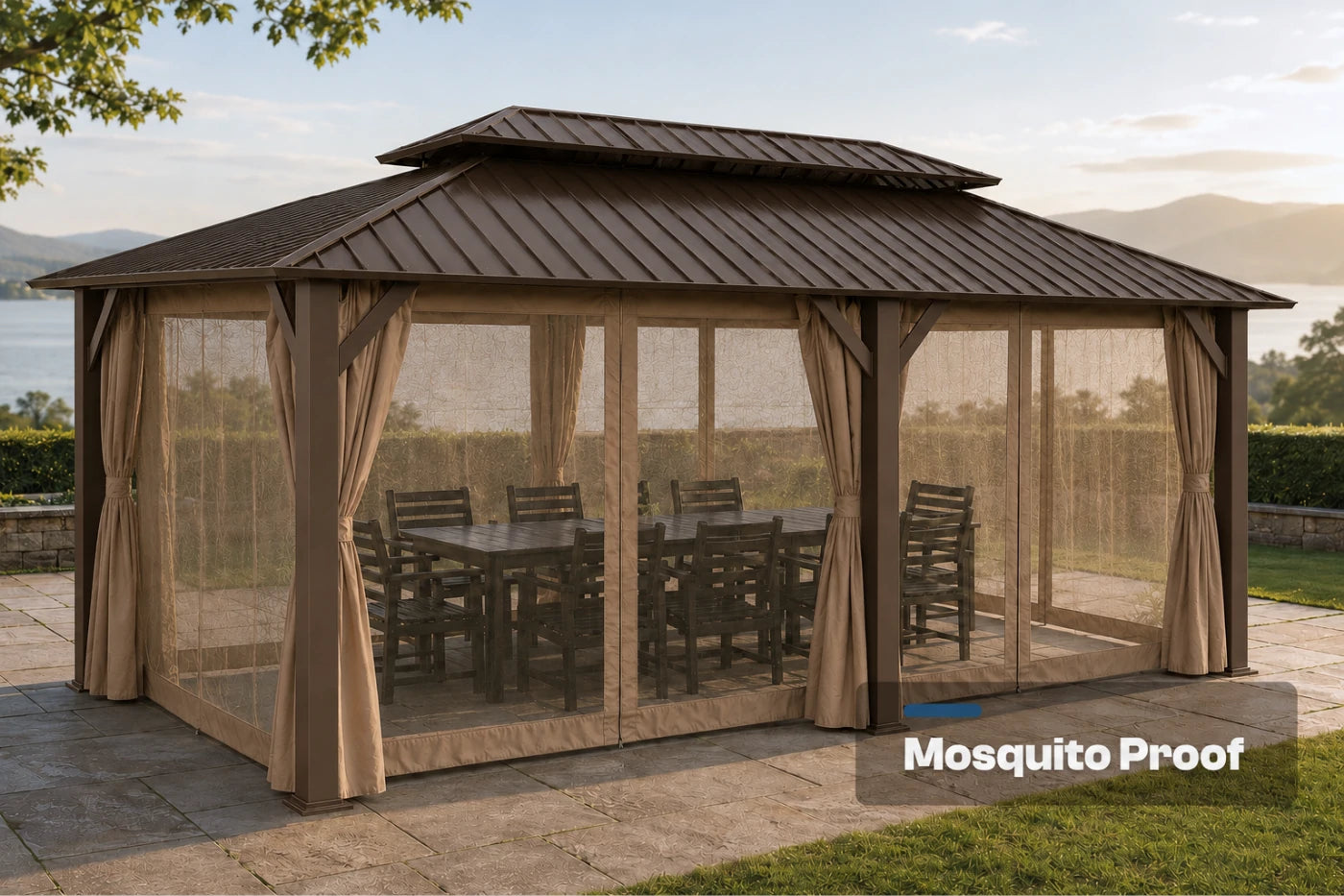 Luxor™ Hardtop Gazebo with Netting and Curtains