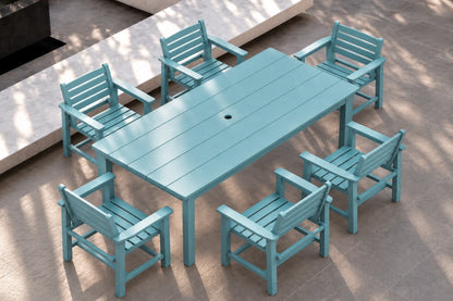 A 7-piece outdoor dining set consisting of a rectangular slatted table and six matching armchairs in an Aruba blue color, arranged on a gray stone patio.