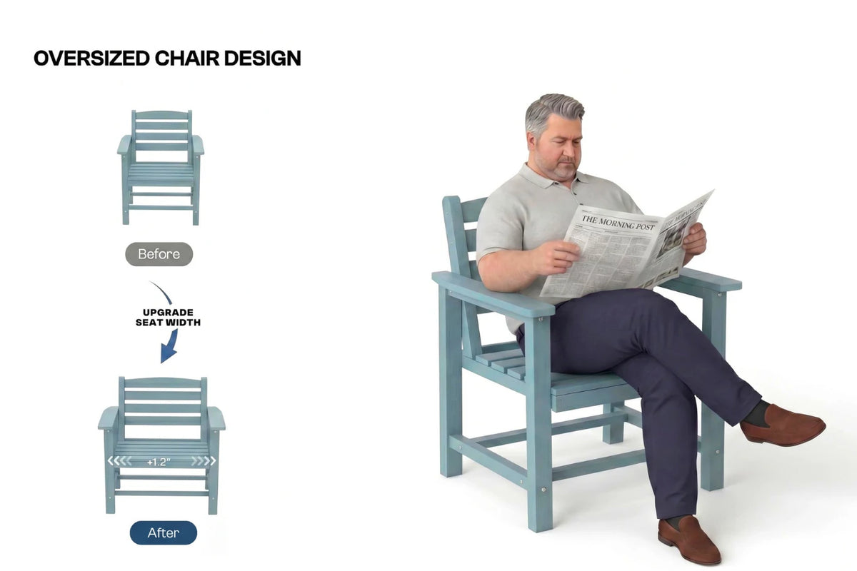 Man sitting on an oversized chair reading a newspaper with before and after illustrations.
