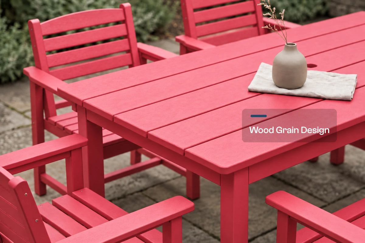A red outdoor dining set featuring a slatted rectangular table and matching armchairs on a stone patio, with a small vase on the table. A text overlay reads 'Wood Grain Design'.
