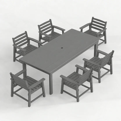 A 7-piece outdoor dining set consisting of a rectangular slatted table and six matching armchairs, shown in a uniform dark gray color on a seamless light gray background.