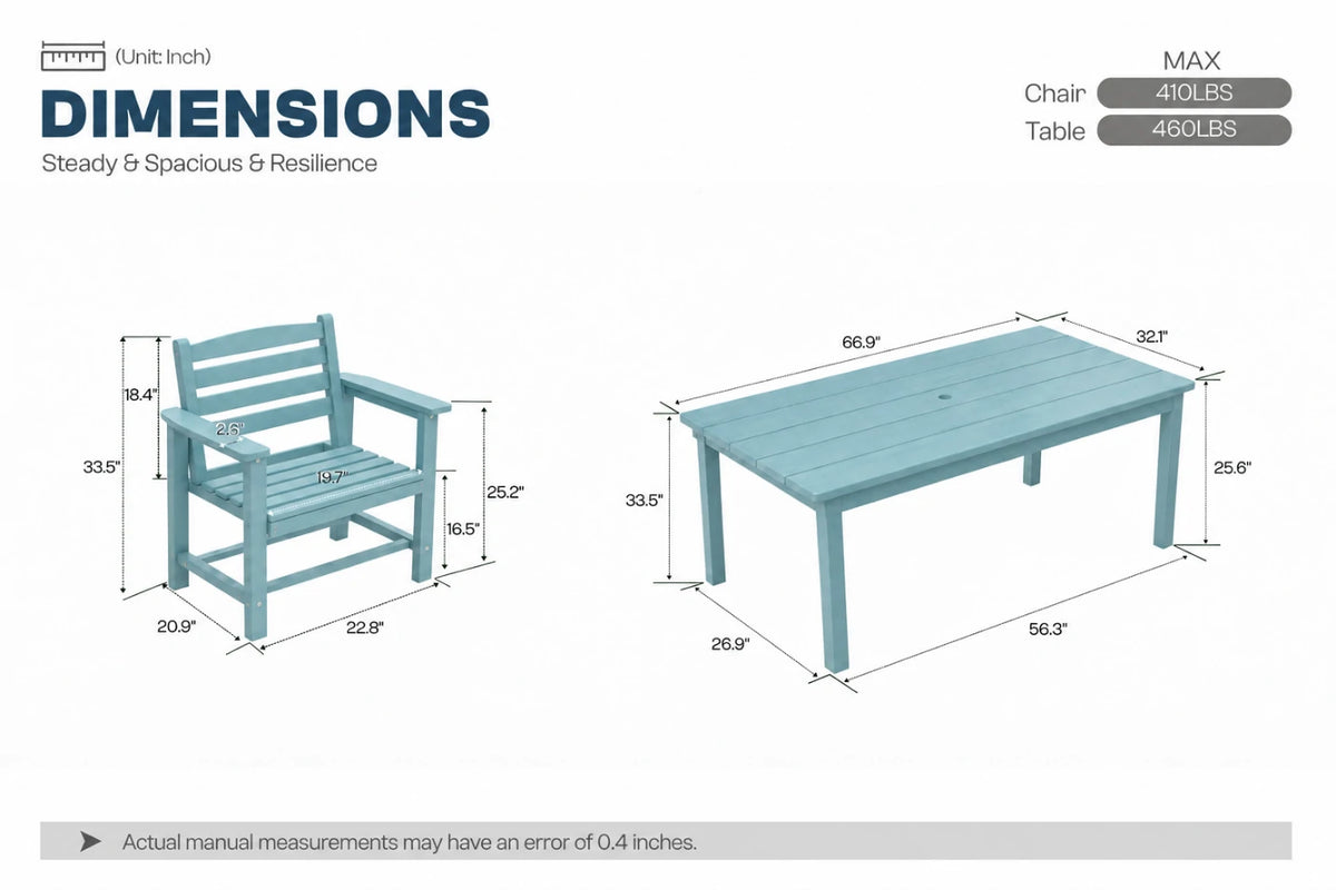 A product dimension diagram showing an Aruba blue outdoor armchair and matching rectangular table with measurement labels and weights on a white background.