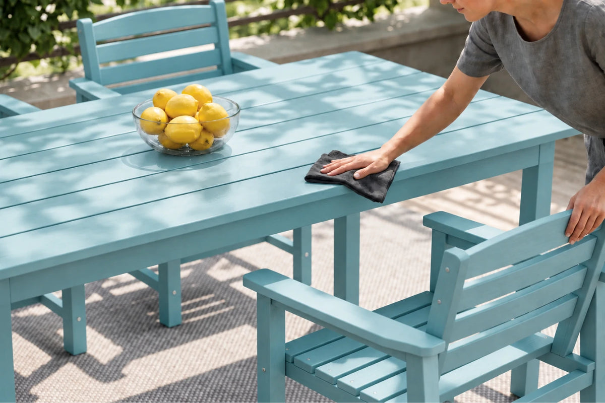 A person wipes down an Aruba blue outdoor dining table with a dark cloth. The table is set with a glass bowl of lemons and surrounded by matching light blue chairs in an outdoor patio setting.