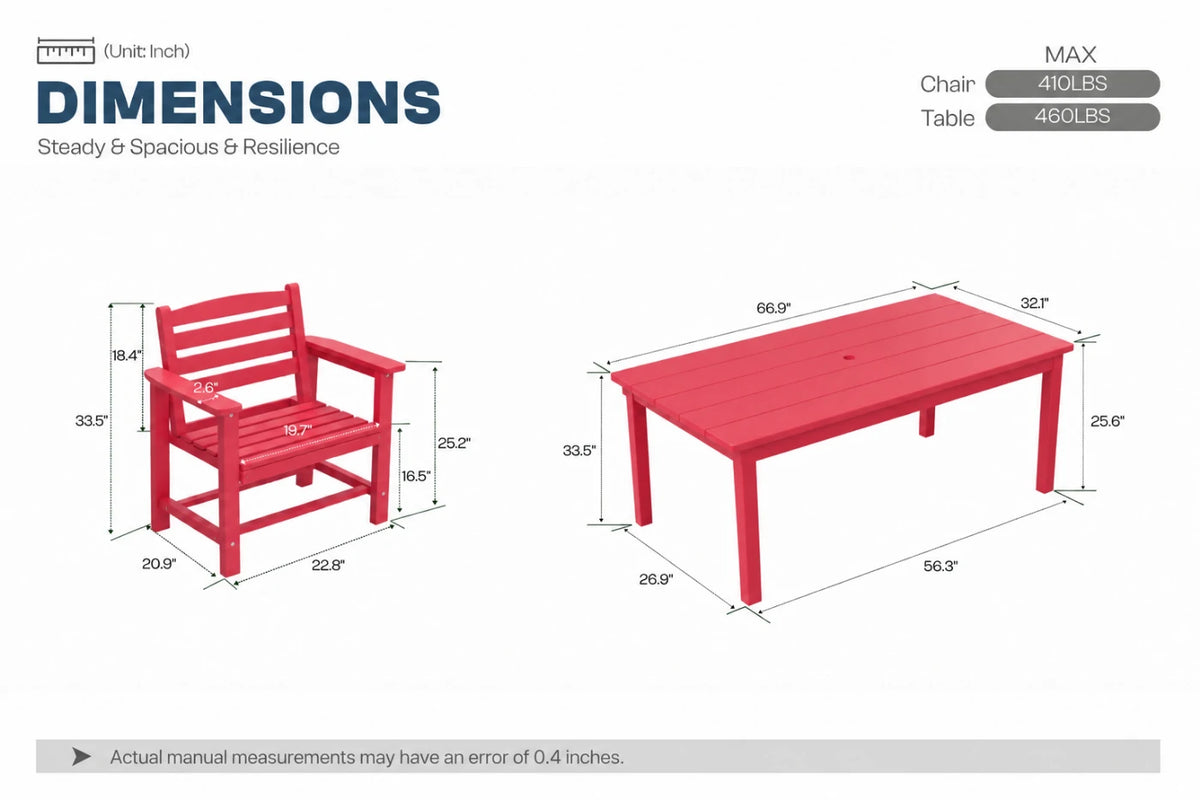 A product dimension diagram showing a red outdoor chair and matching rectangular table with labeled measurements, on a white background with text reading 'DIMENSIONS' and weight limits.